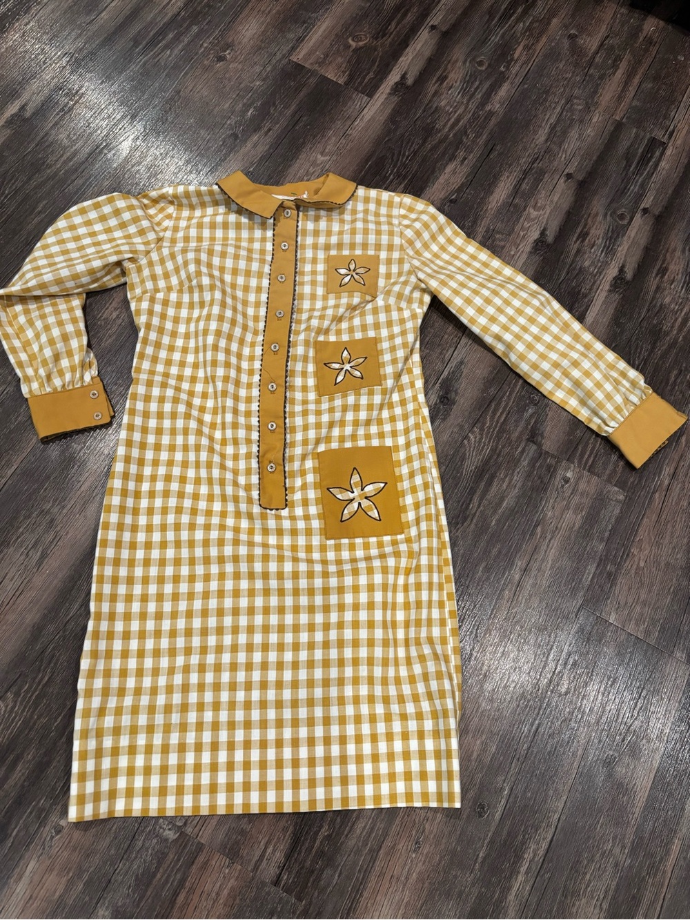 Women’s vintage Robbie Rivers Mustard Gingham Dress with Floral Patch Details